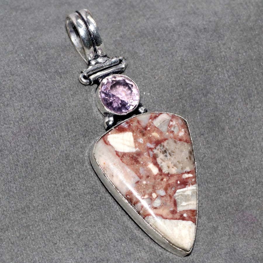 Long Marble Jasper Pink Kunzite 925 Silver Plated Pendant 2.2″ Stylish Gift JW