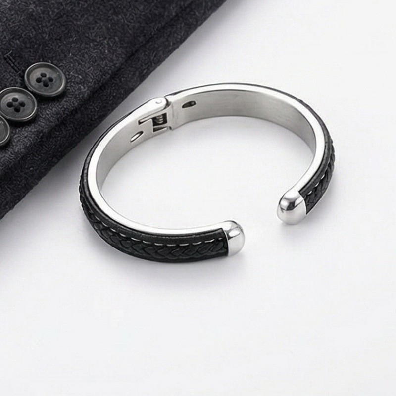 Unique Woven leather stainless steel C-shaped open Cuff Bangle Bracelet For Mens