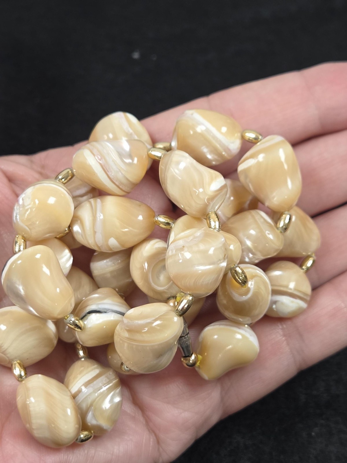 Vintage Natural Polished Shell and Stone Necklace Chunky Earth Tone Swirl Beads