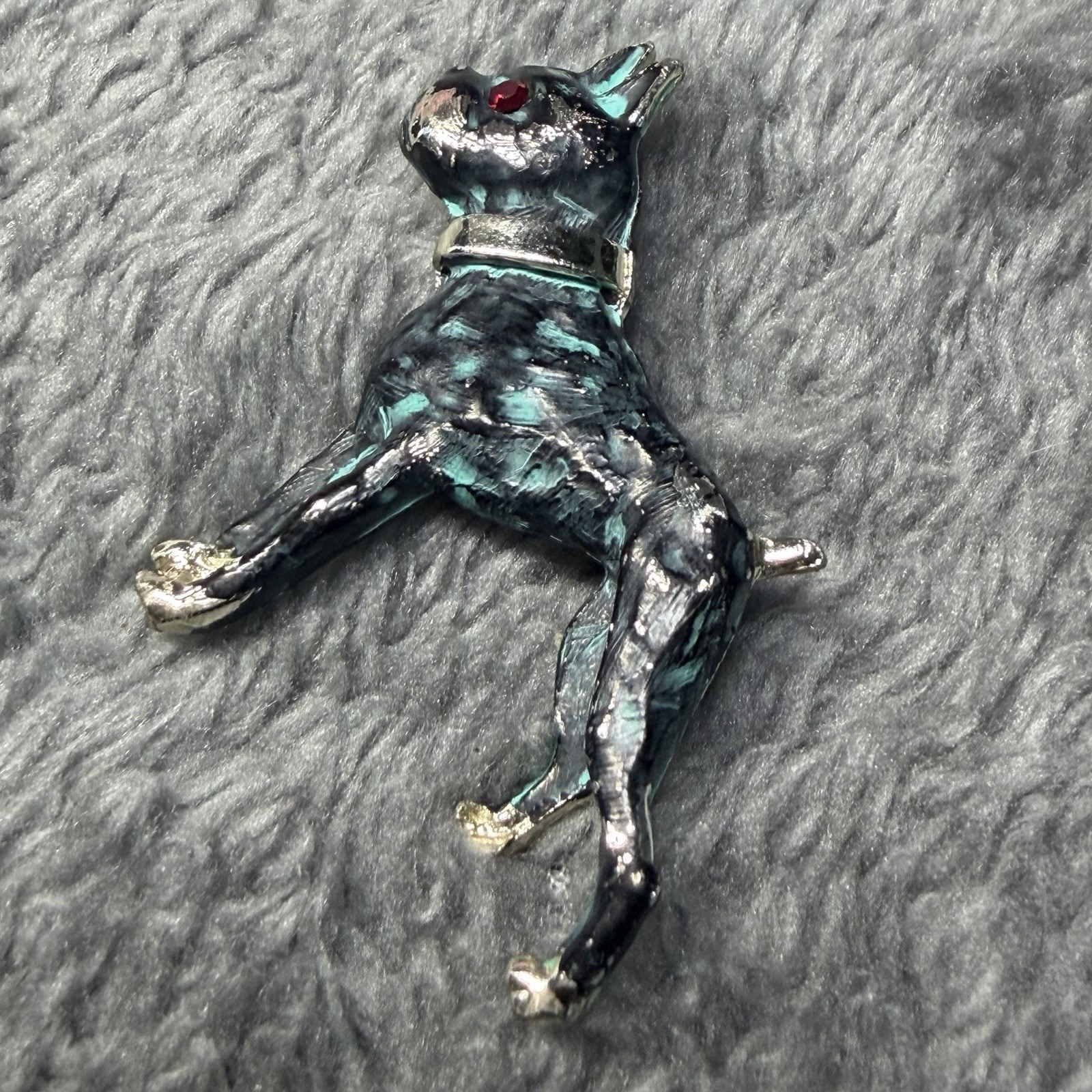 Enamel Dog Brooch Pin Black Blue Silver w/ Red Round Rhinestone Eye