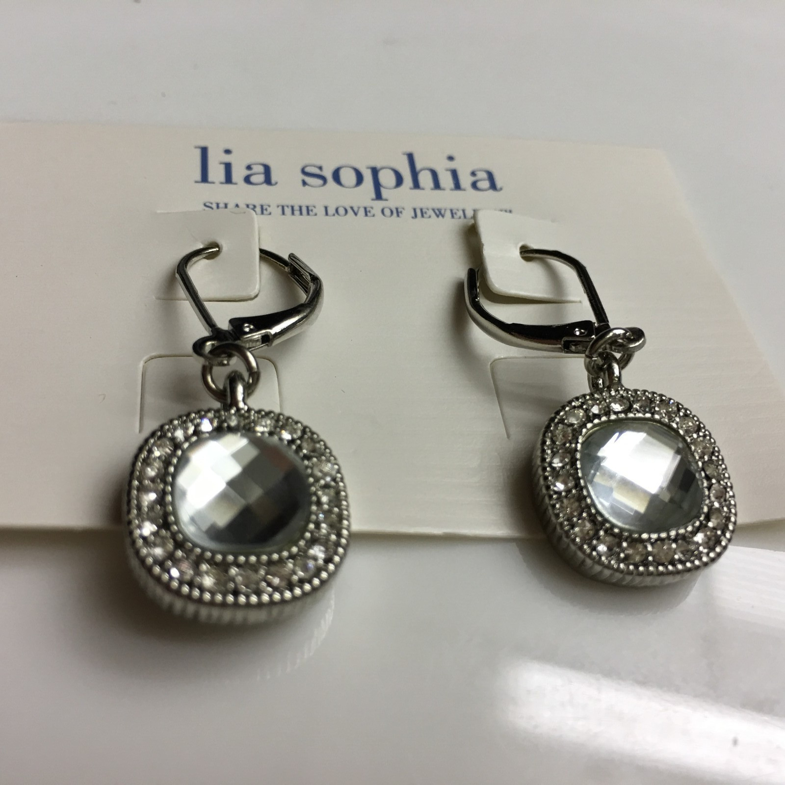 Lia Sophia Bella Donna Square Clear Crystal Center Stone Silver Drop Earrings