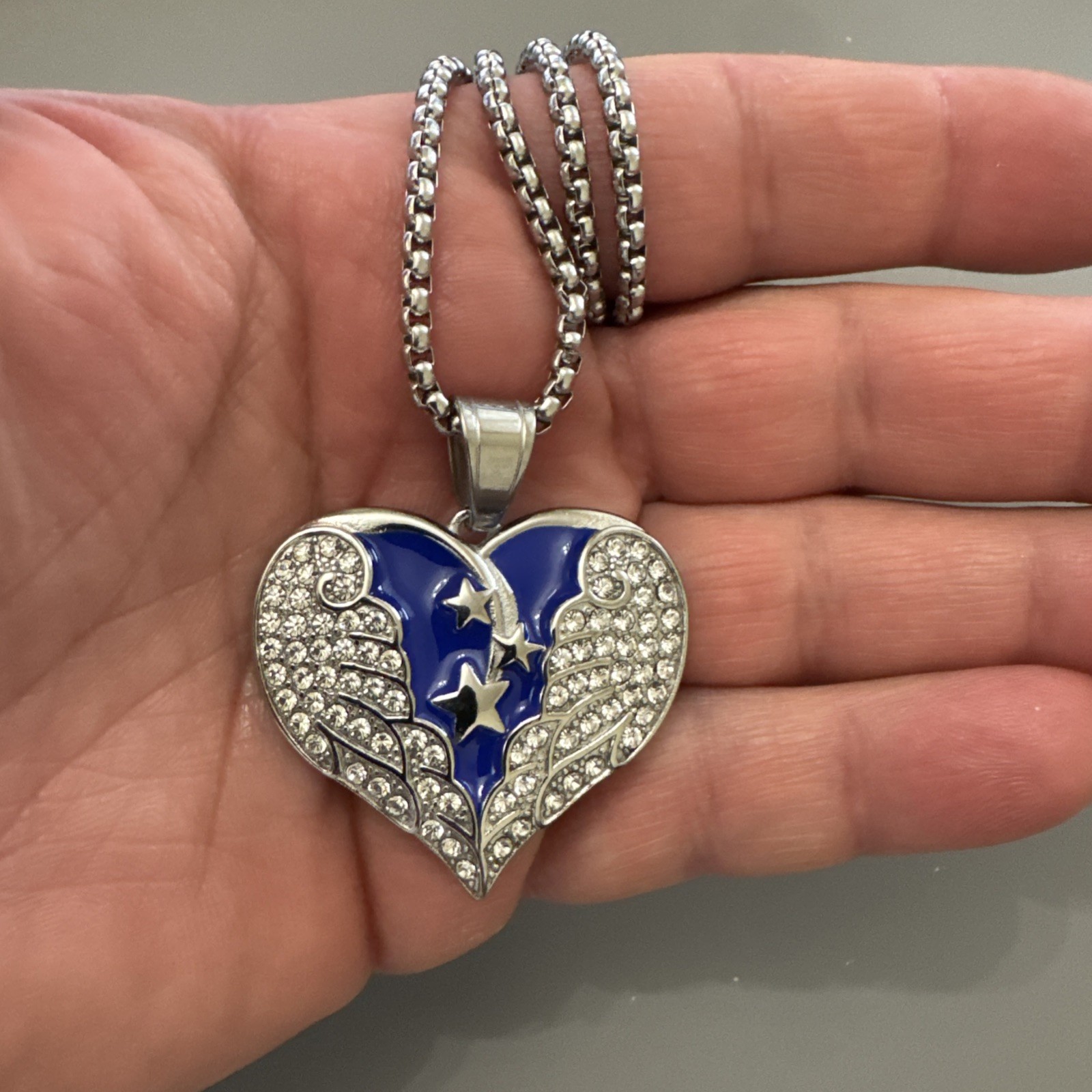 Heart Shaped Angel Wings Pendant Silver Tone Stainless Steel Gift 24” Necklace