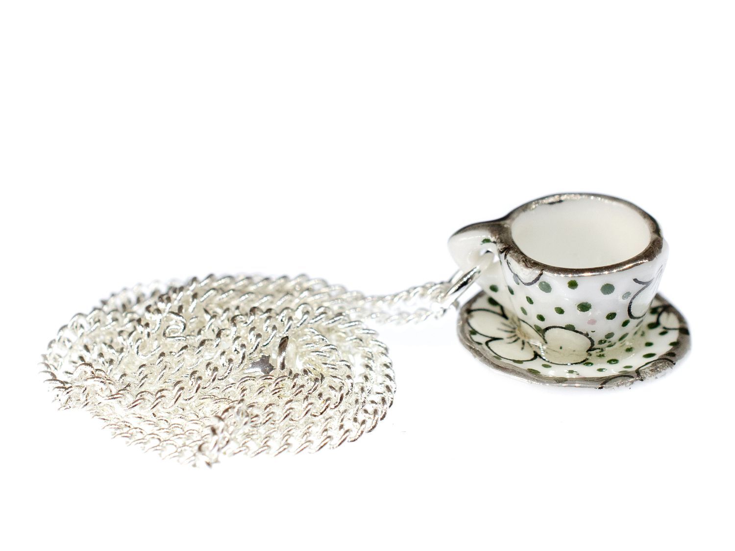 Necklace Tea Coffee Miniblings 45cm Tea Cup Set Porcelain Dots Green