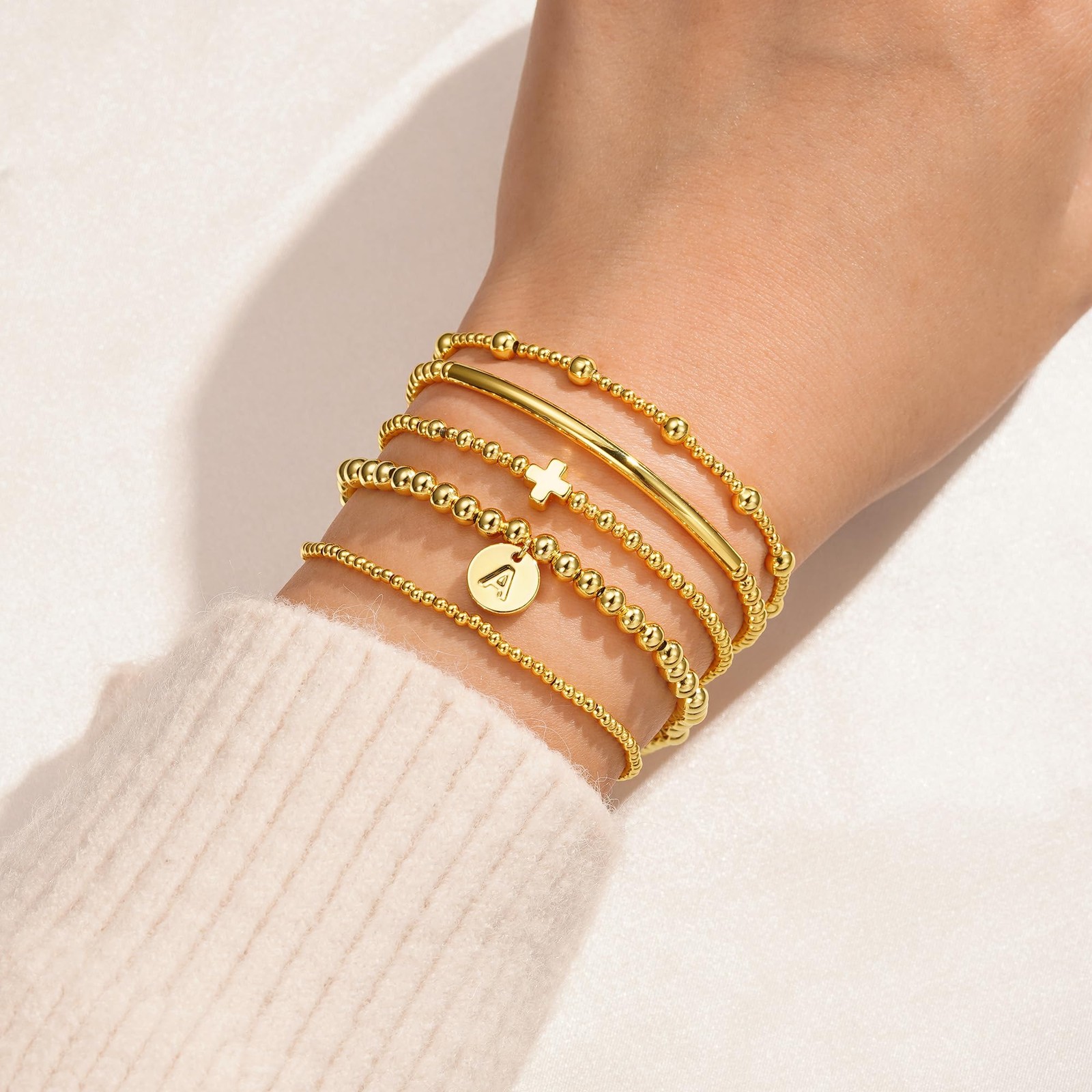 Turandoss 5PCS Cross Beaded Bracelets for Women – Dainty 18K-Gold-Plated Lett…