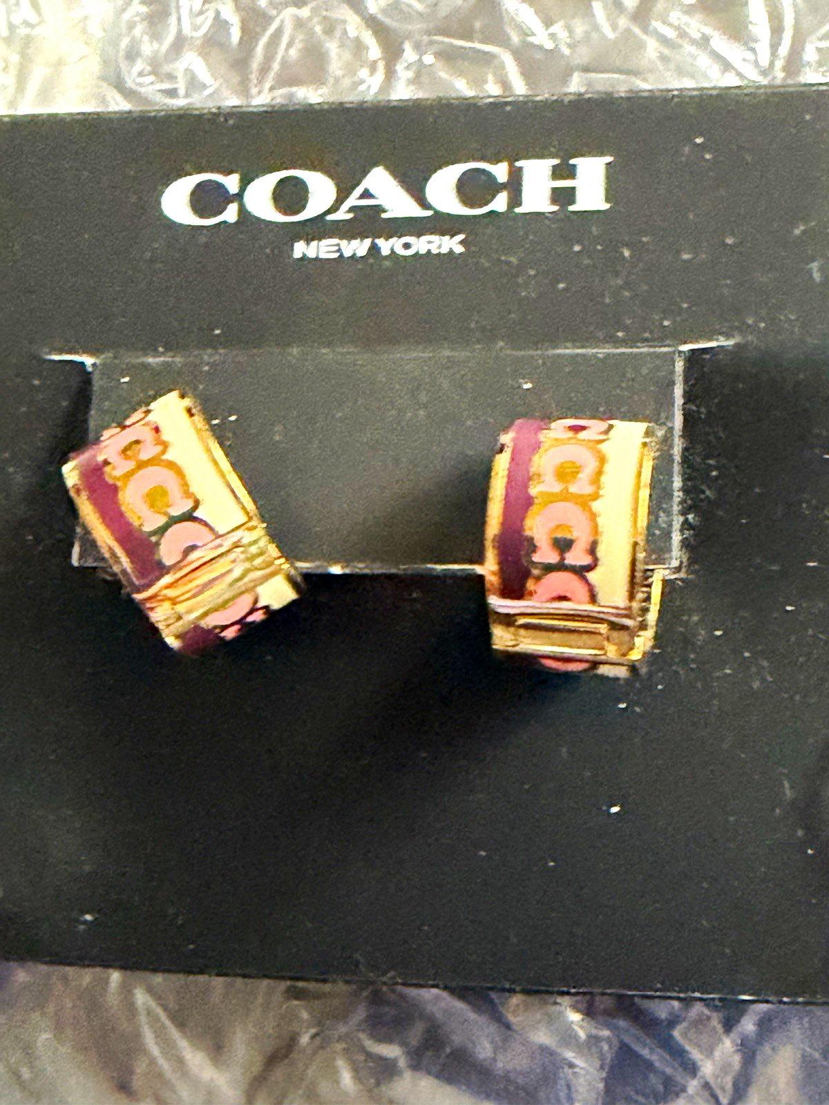 Coach Enamel Logo Huggie Hoop Earrings Snap Closure Gold Pink Purple Thailand.