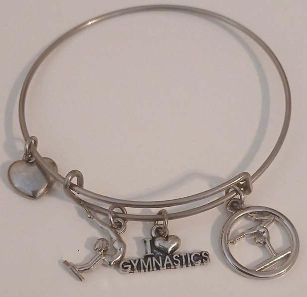 Silver Tone Wire Bangle Charm Bracelet Dangle Charms “I Love Gymnastics”