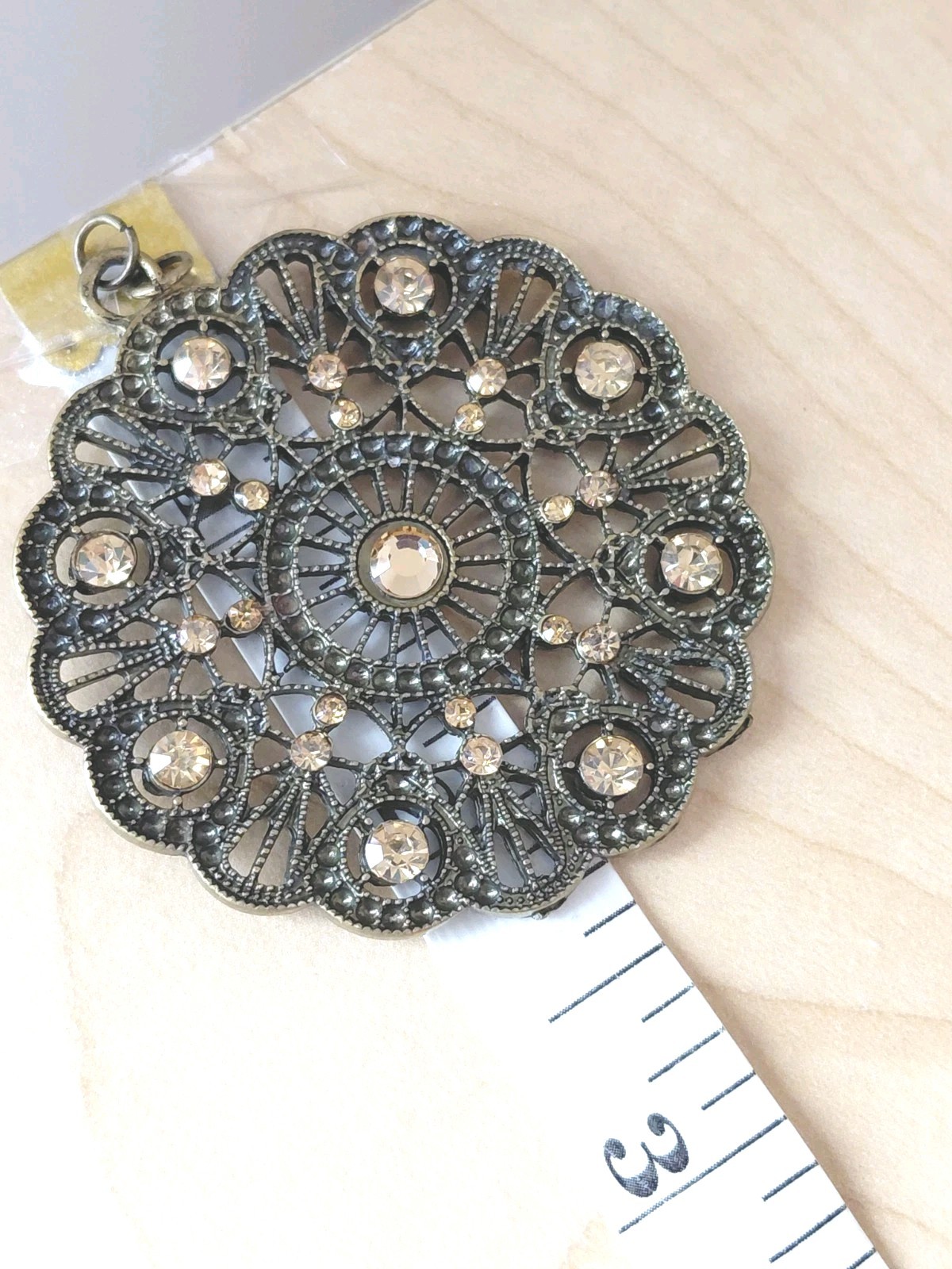 Scalloped Large Medallion Pendant / Copper Color Rhinestones / 2.25 In Round