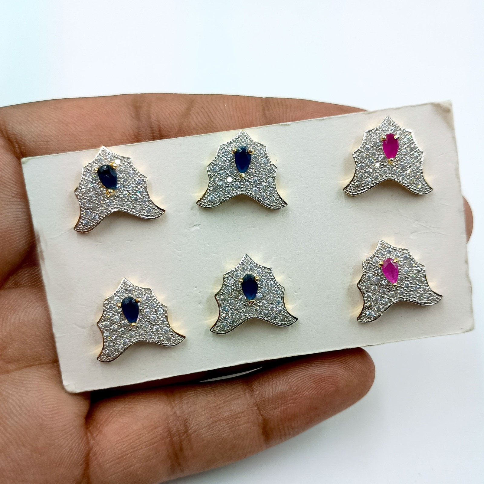 Ethnic South Indian CZ Stud Earrings Ruby Sapphire 22K Gold Plated Wedding