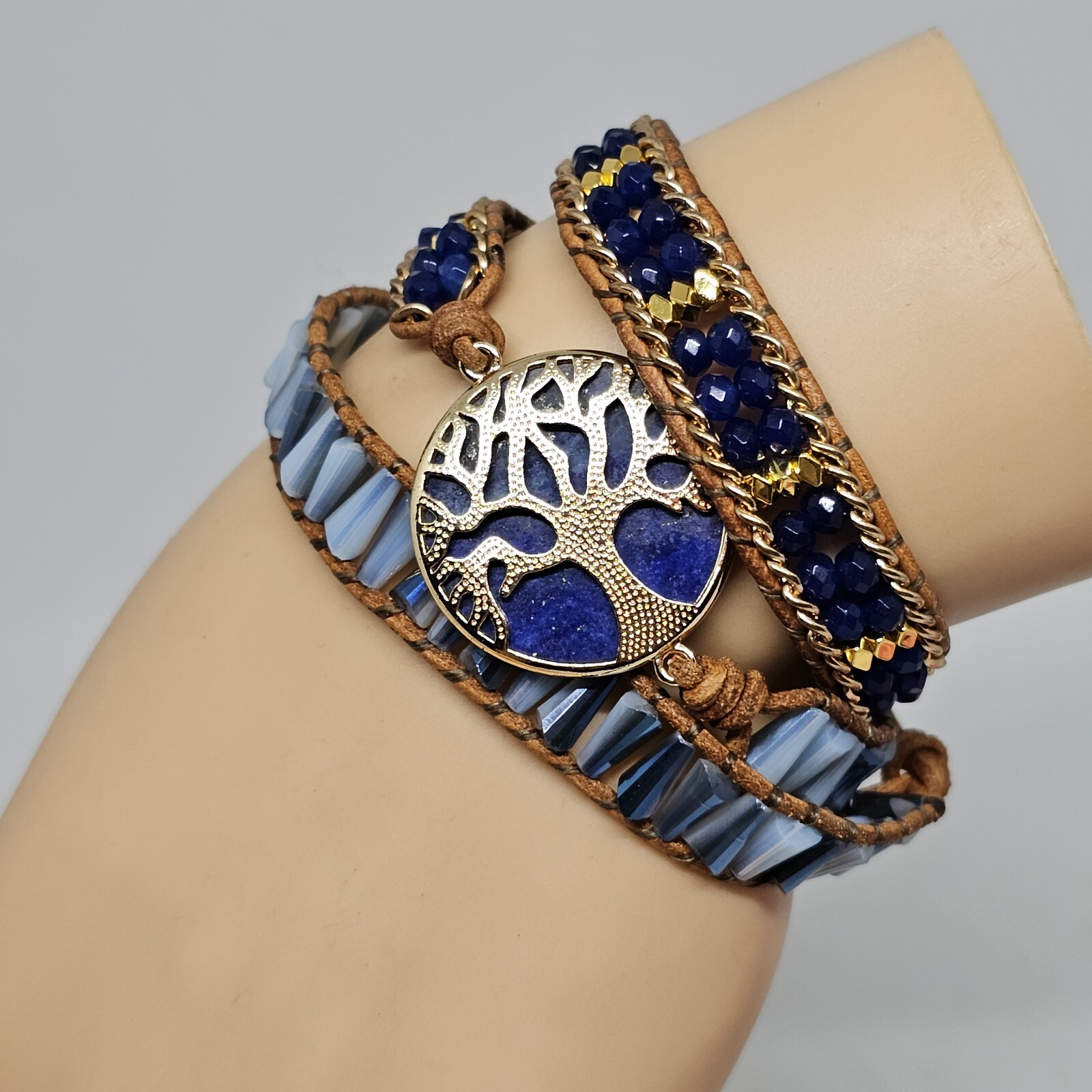 Blue Lapis Lazuli Tree of Life Bracelet Gold Crystal Braded Wrap Leather Boho