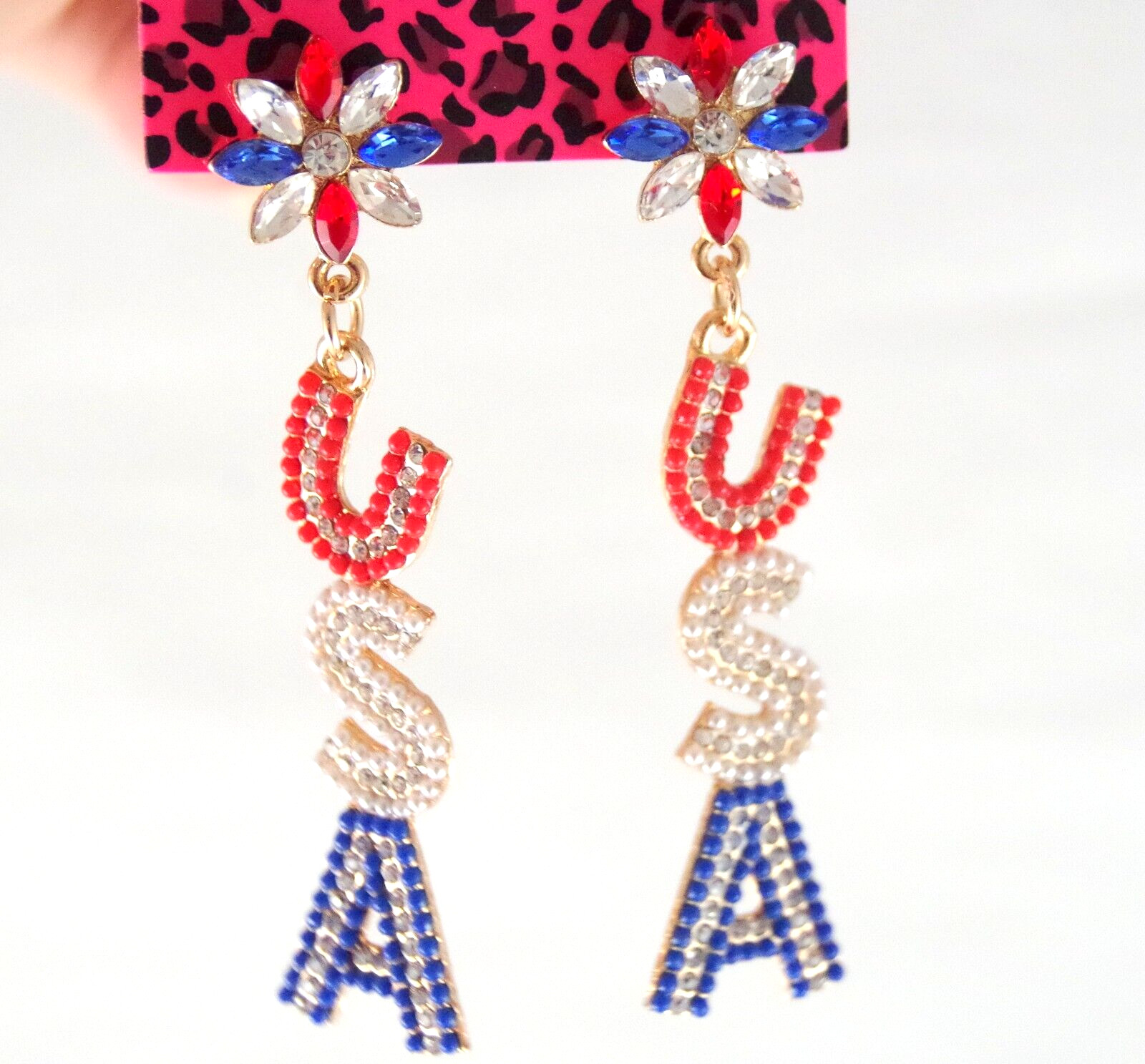 3″ BETSEY JOHNSON PATRIOTIC USA RED WHITE & BLUE RHINESTONE DROP DANGLE EARRINGS
