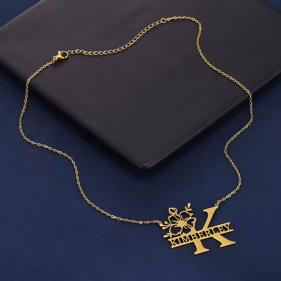 Personalized Name Flower Pendant Necklace Gold Silver Stainless Steel Jewelry
