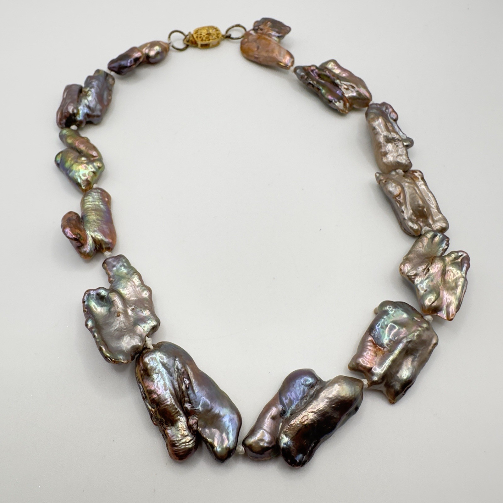 Pearl Necklace Peacock Baroque Keshi Reborn 16 Inch Choker Length Flat Abstract