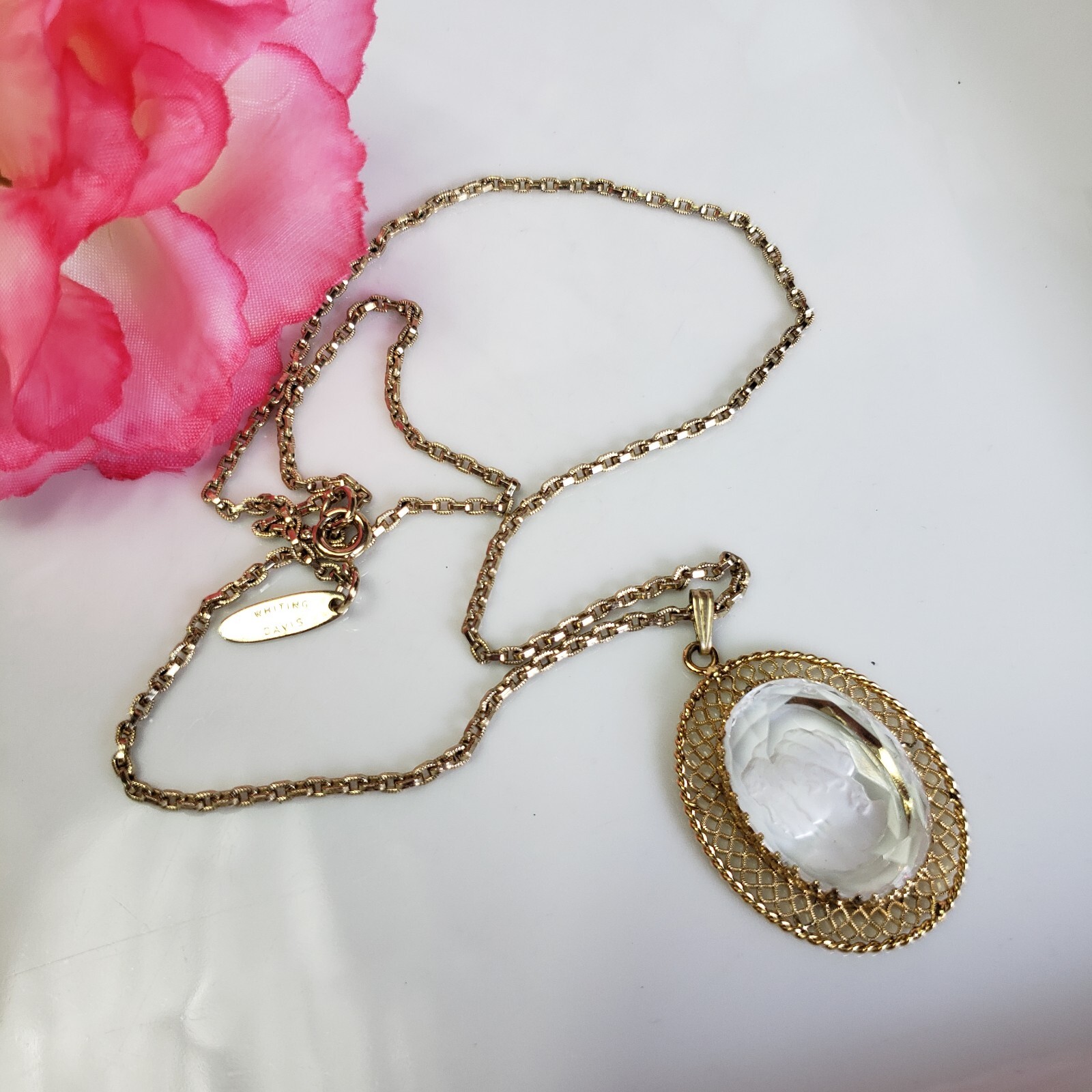 Whiting & Davis Etched Glass Cameo Pendant Necklace Gold Tone Filigree Frame
