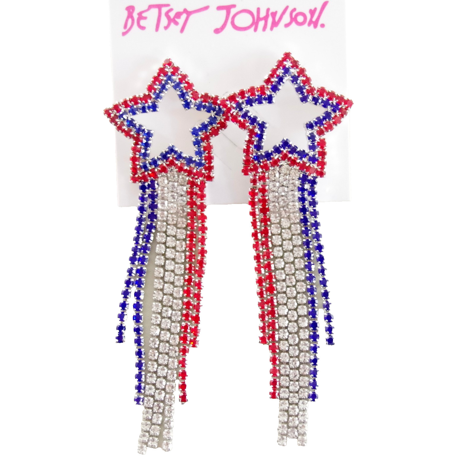 4″ Prong-Set Rhinestones! NWOT BETSEY JOHNSON PATRIOTIC DANGLE STAR EARRINGS