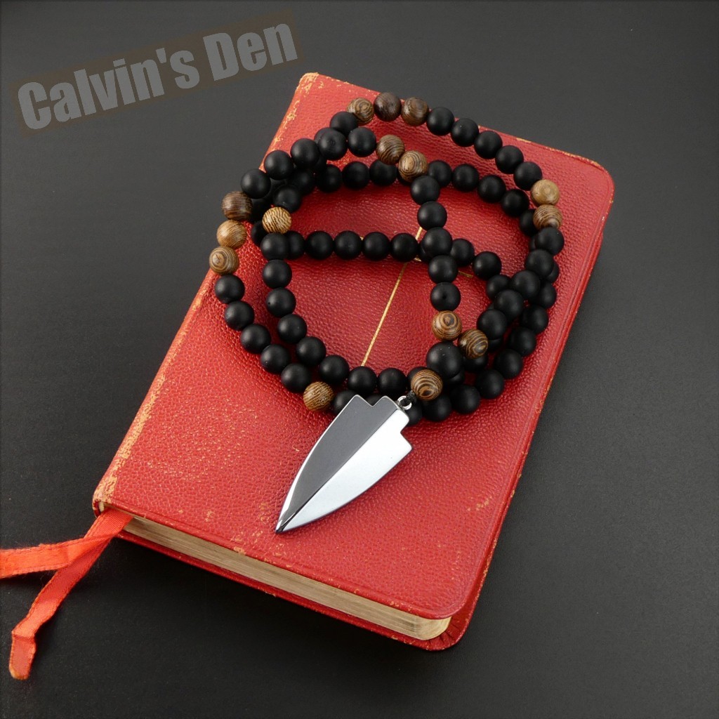 Matte Black Onyx Wenge Wood Bead Hematite Arrowhead Pendant 28” Long Necklace