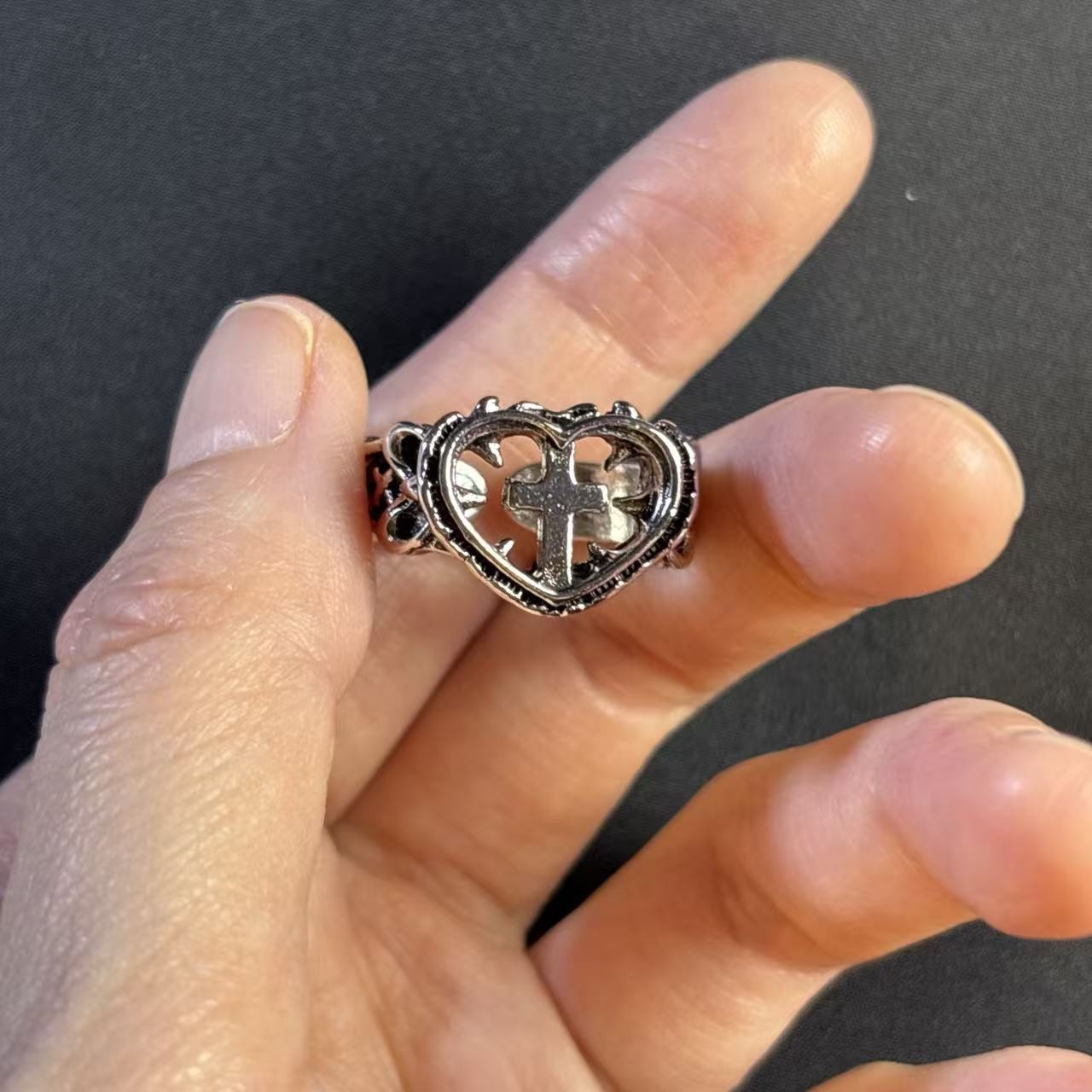 Punk subculture cross heart unisex adjustable open ring