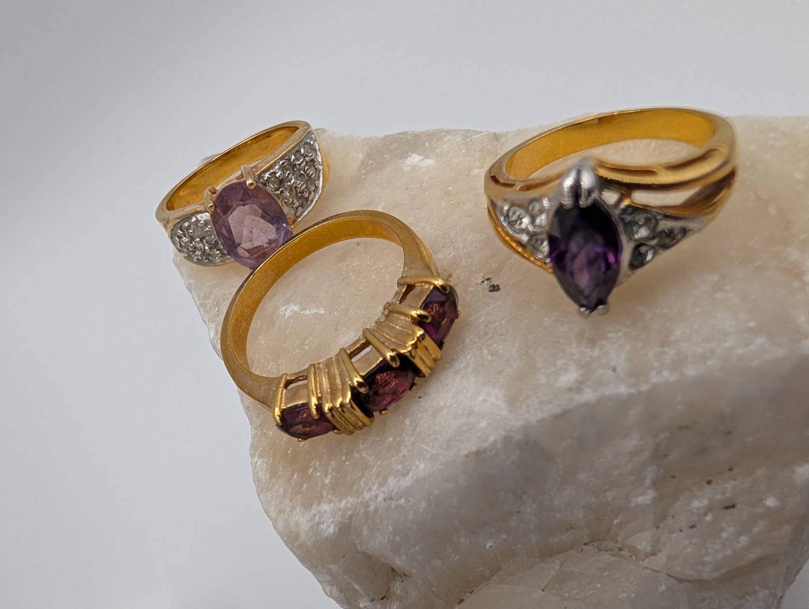 Lot of 3 Gold Tone Purple & Clear Stone Fashion Rings Cocktail Sizes 6.5, 7.5, 8