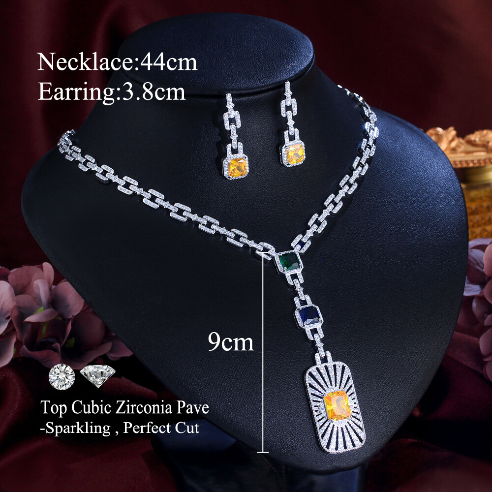 Women Silver Plated Long Chain Drop Necklace Earrings Zirconia Party Jewelry Set