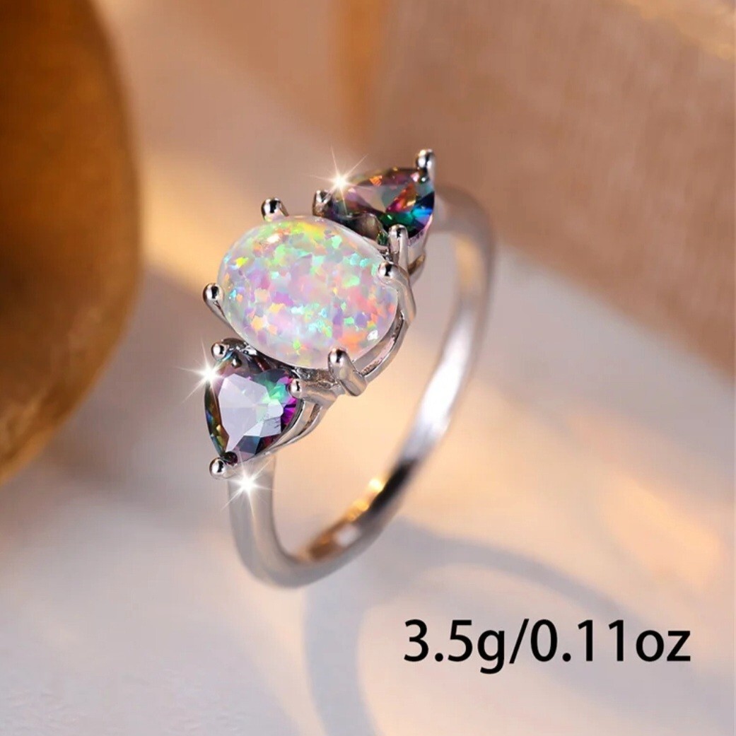 925 Sterling Silver Fire Rainbow Opal Mystical Topaz Engagement Ring Size 8