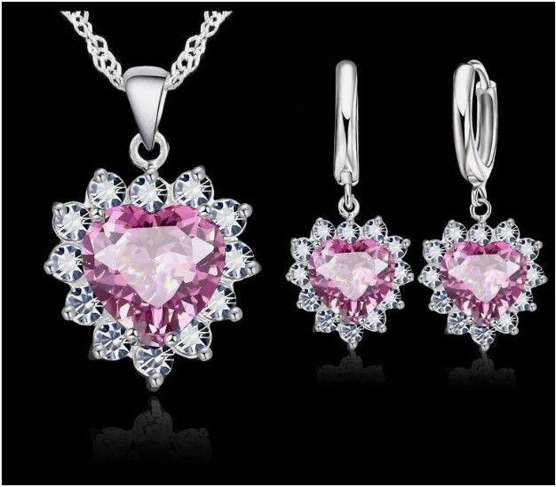 925 Sterling Silver Plated Crystal Heart Pendant Necklace Women Jewellery Gift
