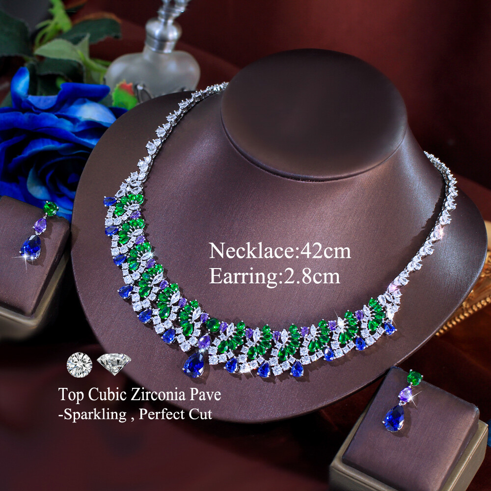 Women Blue Drop Multicolor Necklace Earrings Silver Plated CZ Bridal Jewelry Set