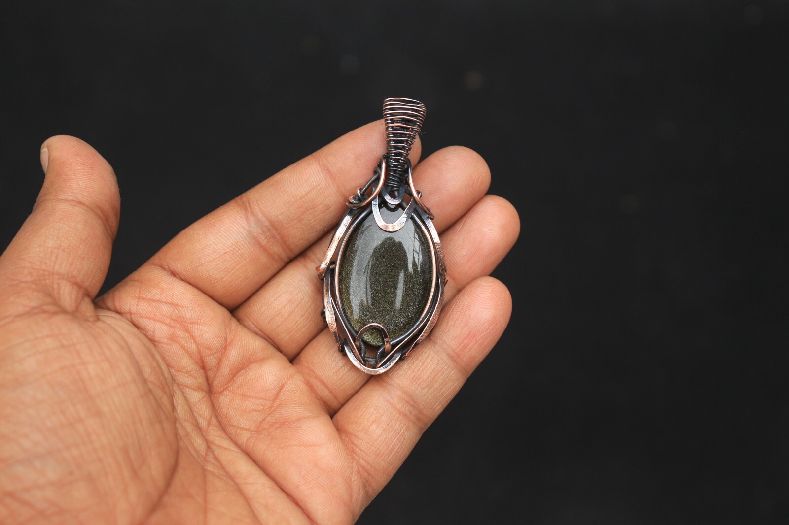 Golden Sheen Obsidian Copper Pendant Wire Wrap Gemstone fashion Jewelry N474