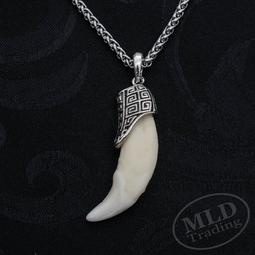 Faux Wolf Tooth Pendant Necklace – Resin & Alloy Cap – Tribal Viking Style