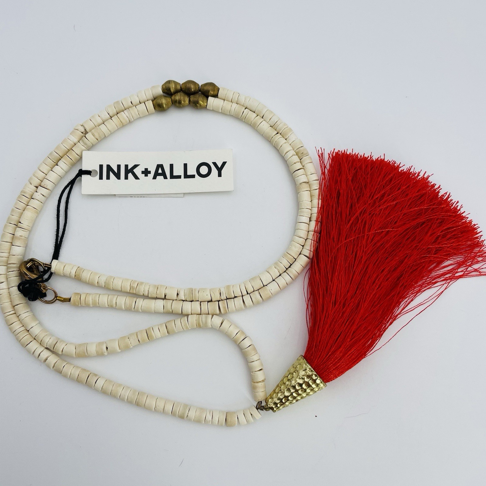 Ink + Alloy Long Boho Wood Beaded Necklace With Red Tassel 23”