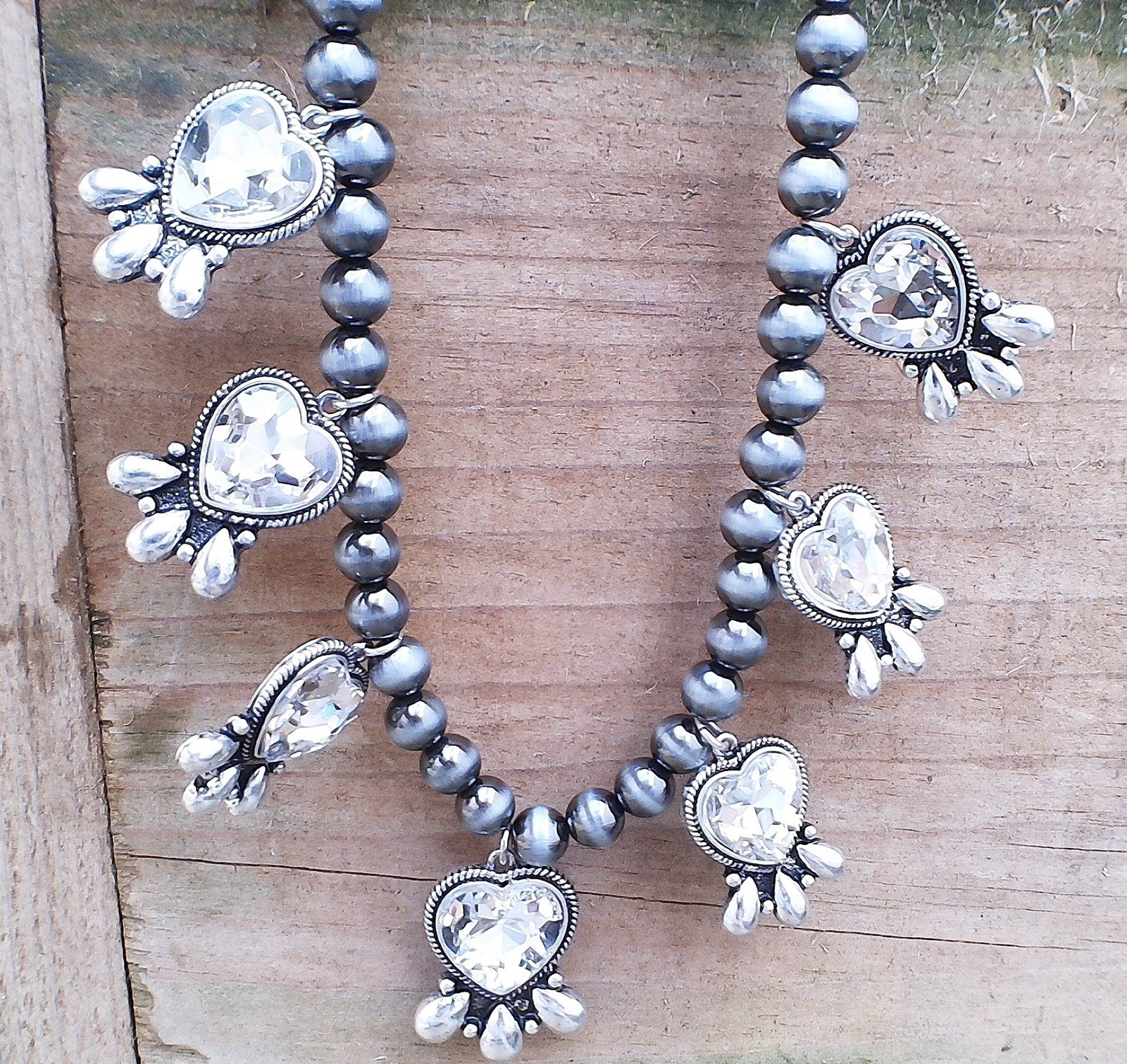 Western Clear Crystal Heart Necklace Navajo Pearl Style Cowgirl Statement Rodeo