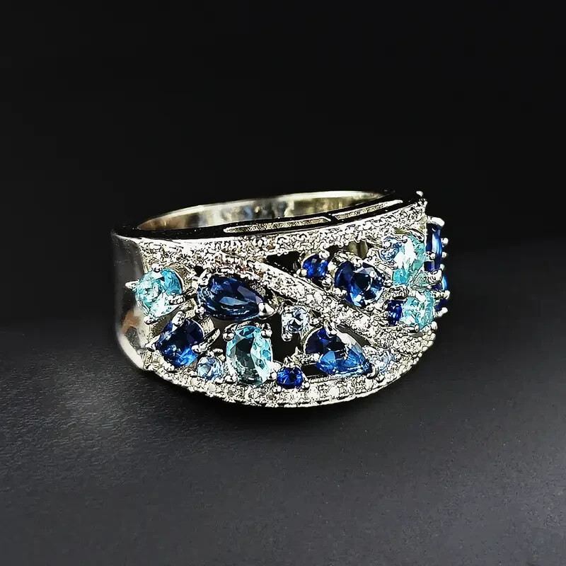 Elegant 925 Sterling Silver Blue White Topaz Wedding Engagement Ring Size 8