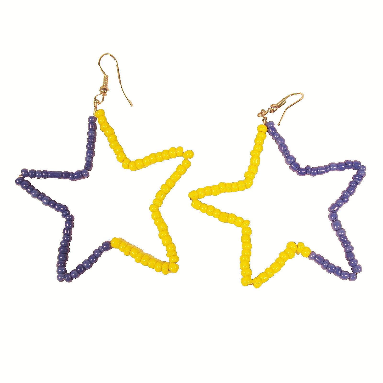 2″ Blue Yellow Star Shape Handmade Seed Bead Hook Dangle Hoop Earrings