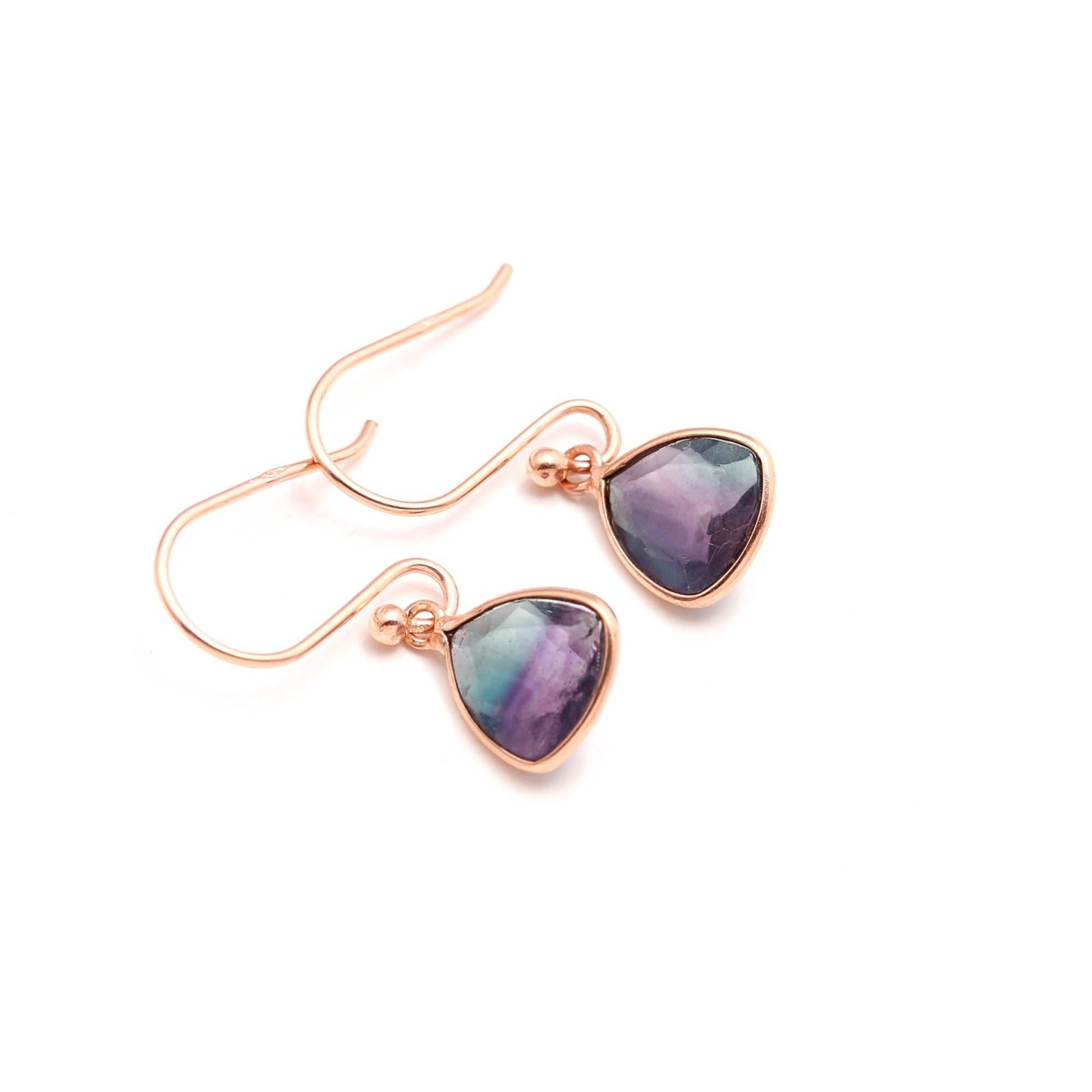 Natural Fluorite Trillion Dangle Earrings Rose Gold Plated Solid Silver Jewelry