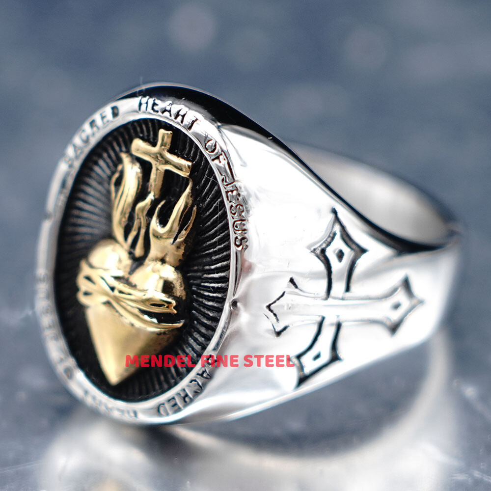 MENDEL Gold Plated Mens Catholic Sacred Heart Of Jesus Cross Ring Size 7 8 9-15