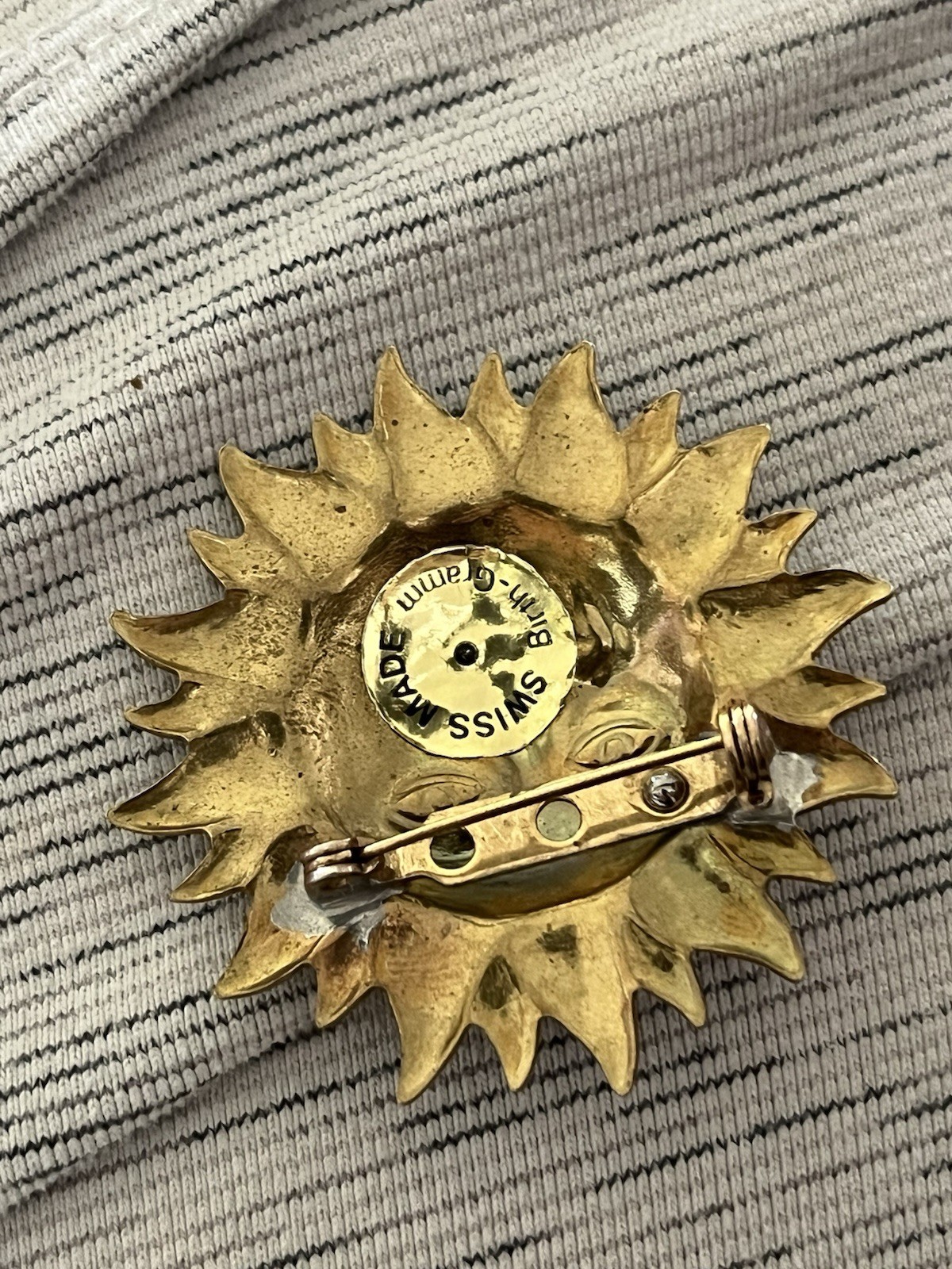 Vintage Birth-Gramm Swiss Gold Tone Sunburst Brooch Pin Sun Face Celestial
