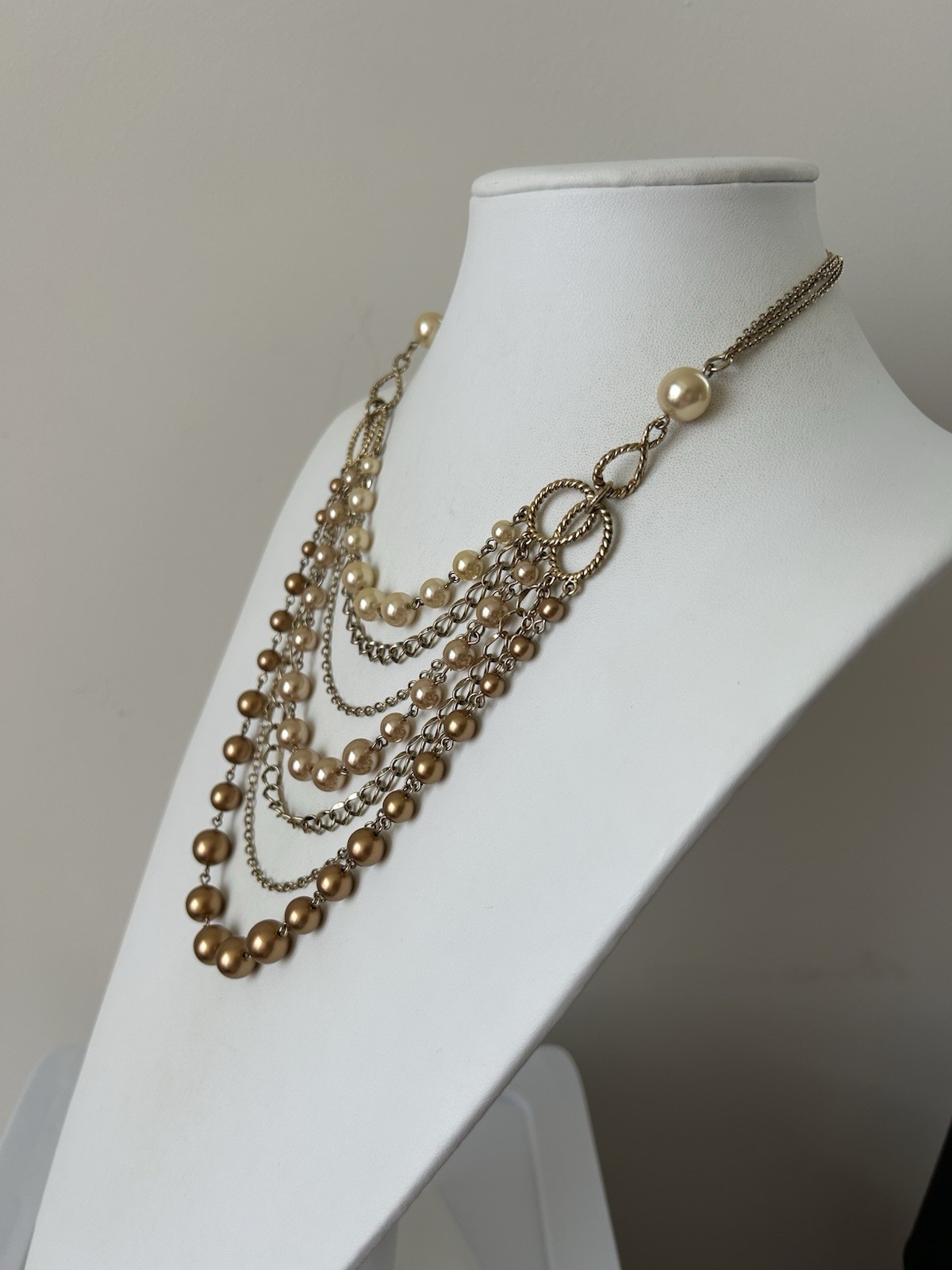 Multi Strand Gold Faux Pearl & Chain Statement Necklace 18”