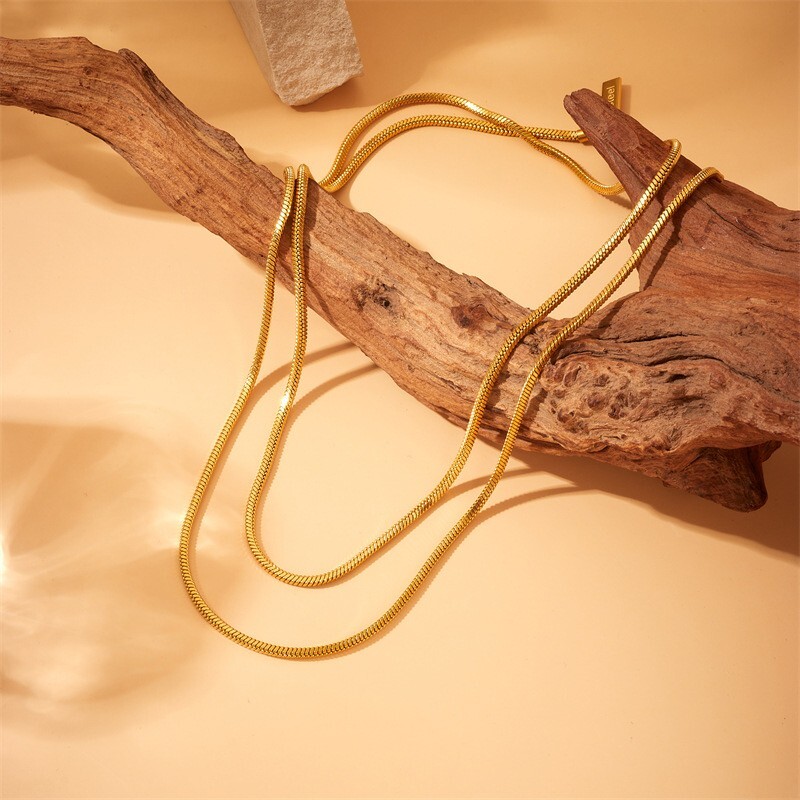 Woman 18K Gold Plated Stainless Steel Square Snake Chain 2 Layers Chain Necklace