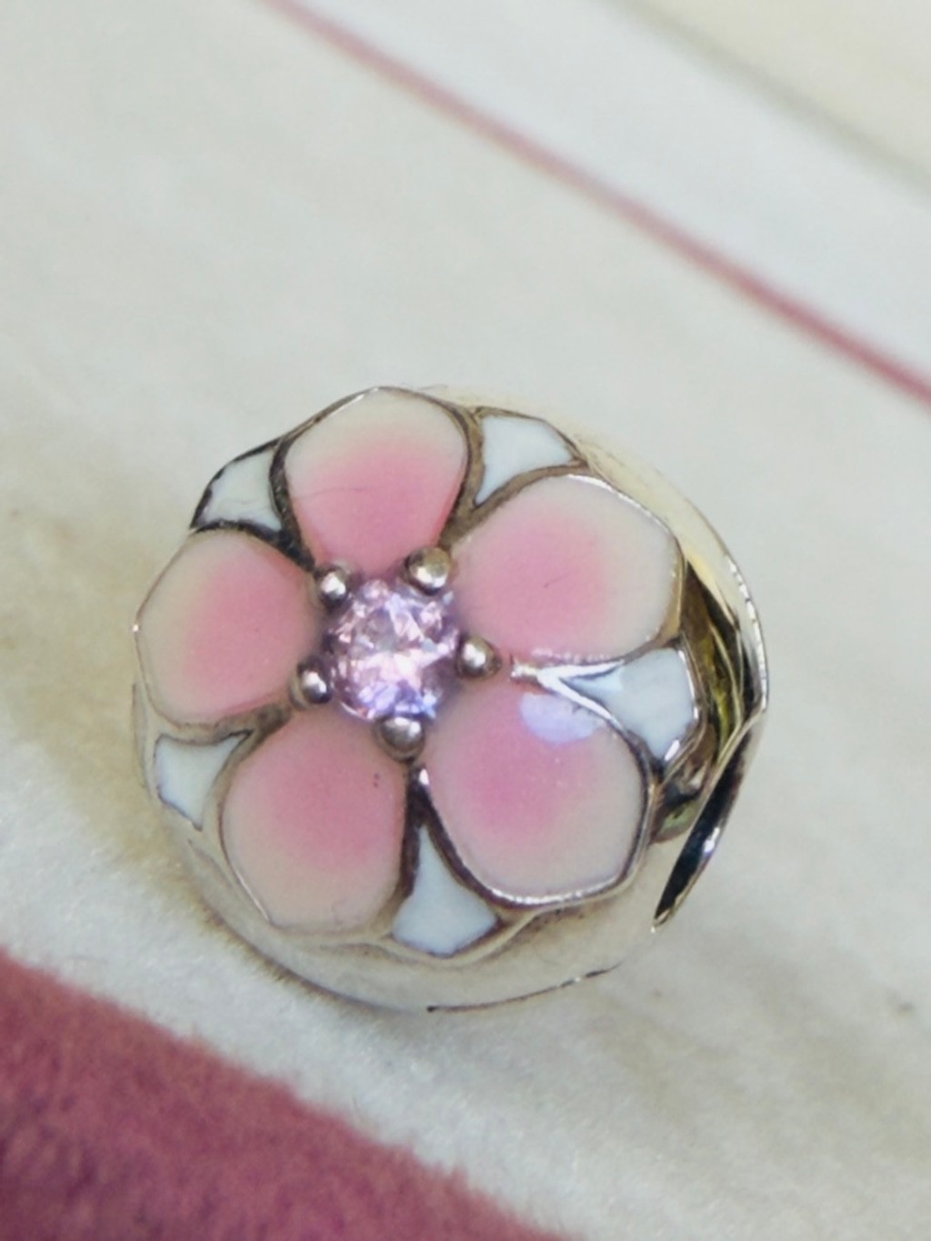 Pandora Sterling Silver Magnolia Bloom Whit Enamel & Pink CZ Clip Charm