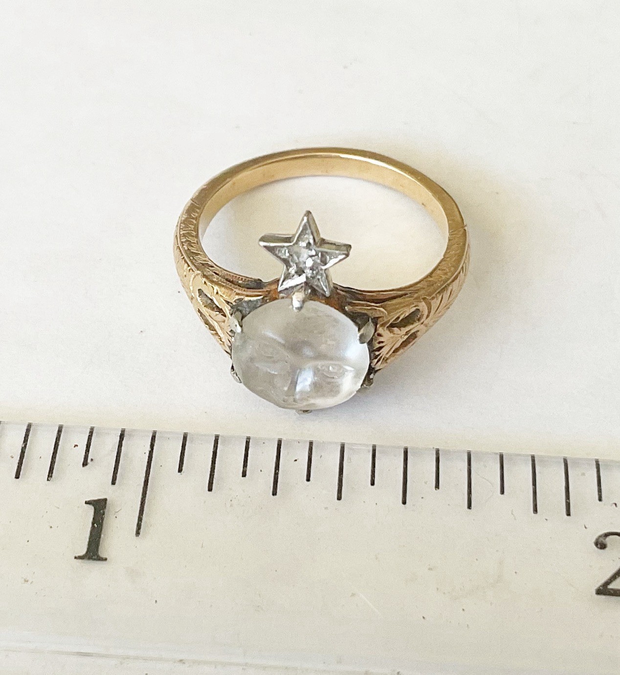 Antique Victorian 14k Ring With Carved Moon face Moonstone Diamond G2U
