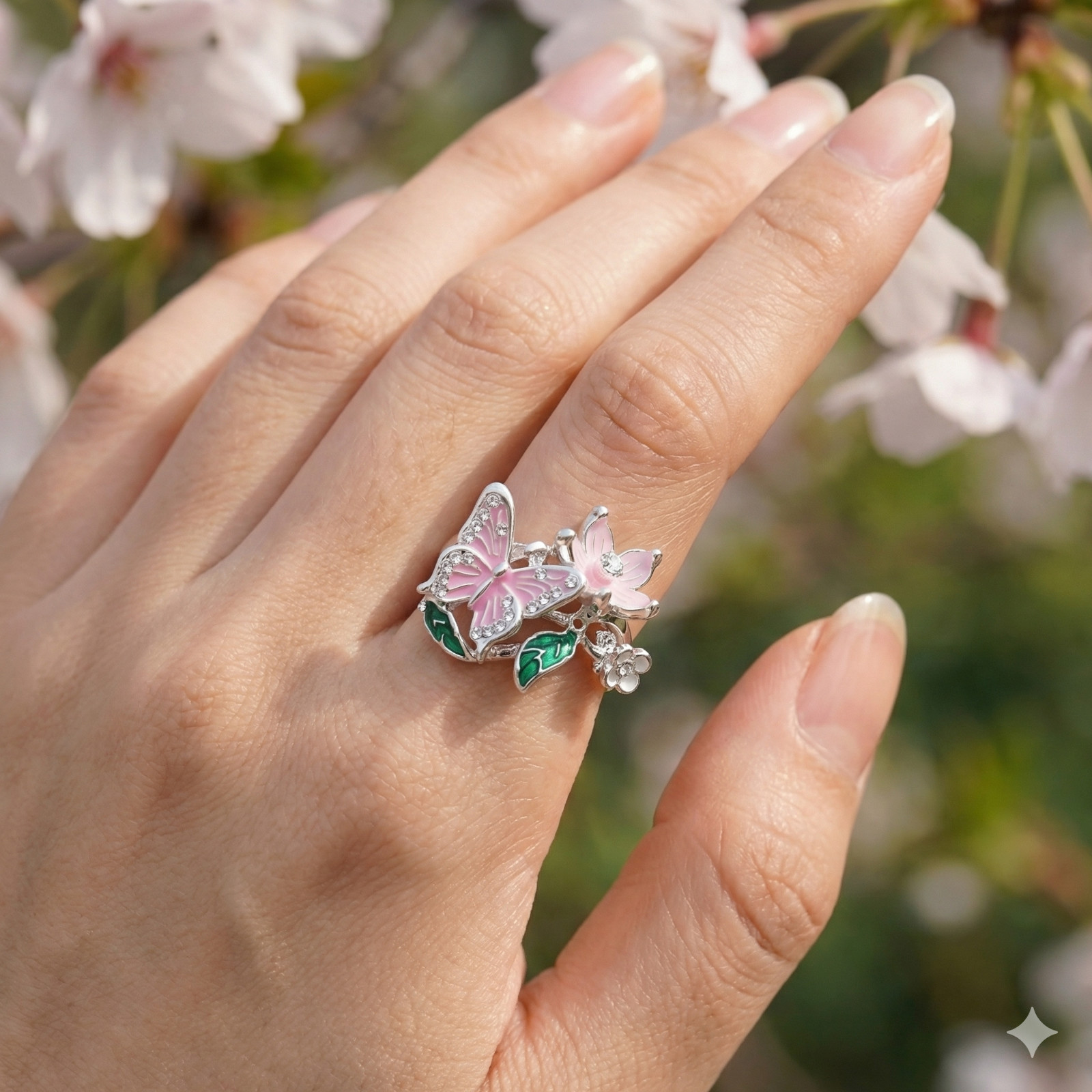 [US STOCK] Butterfly Flower Enamel Ring 18K Gold Silver Rose Gold Plated Open