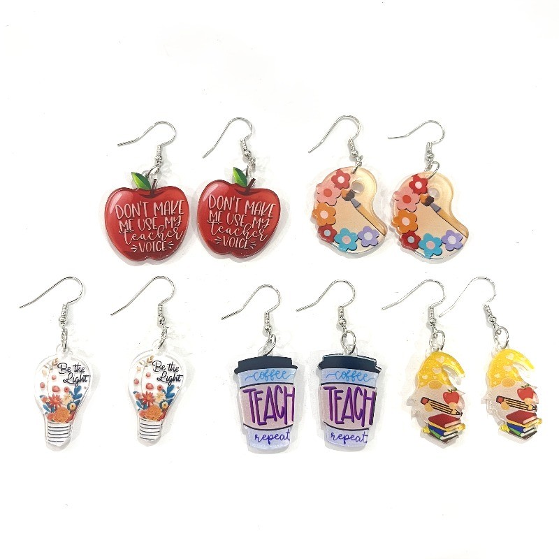 5 Pairs of Teacher-themed Acrylic Pendant Earrings, Featuring Color Palettes
