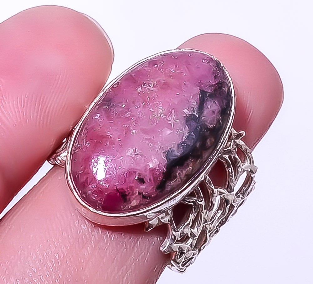 Black Manganese In Rhodonite 925 Sterling Silver Bali Ring Adjustable A351