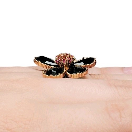 Estate Gold-Tone Green Coated Glass & Pink Spinel Flower Ring Size 6 (Approx.)