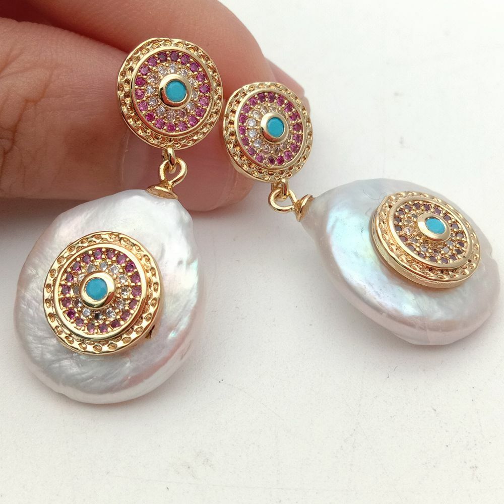 Freshwater White Coin Pearl Cz pave Stud Earrings