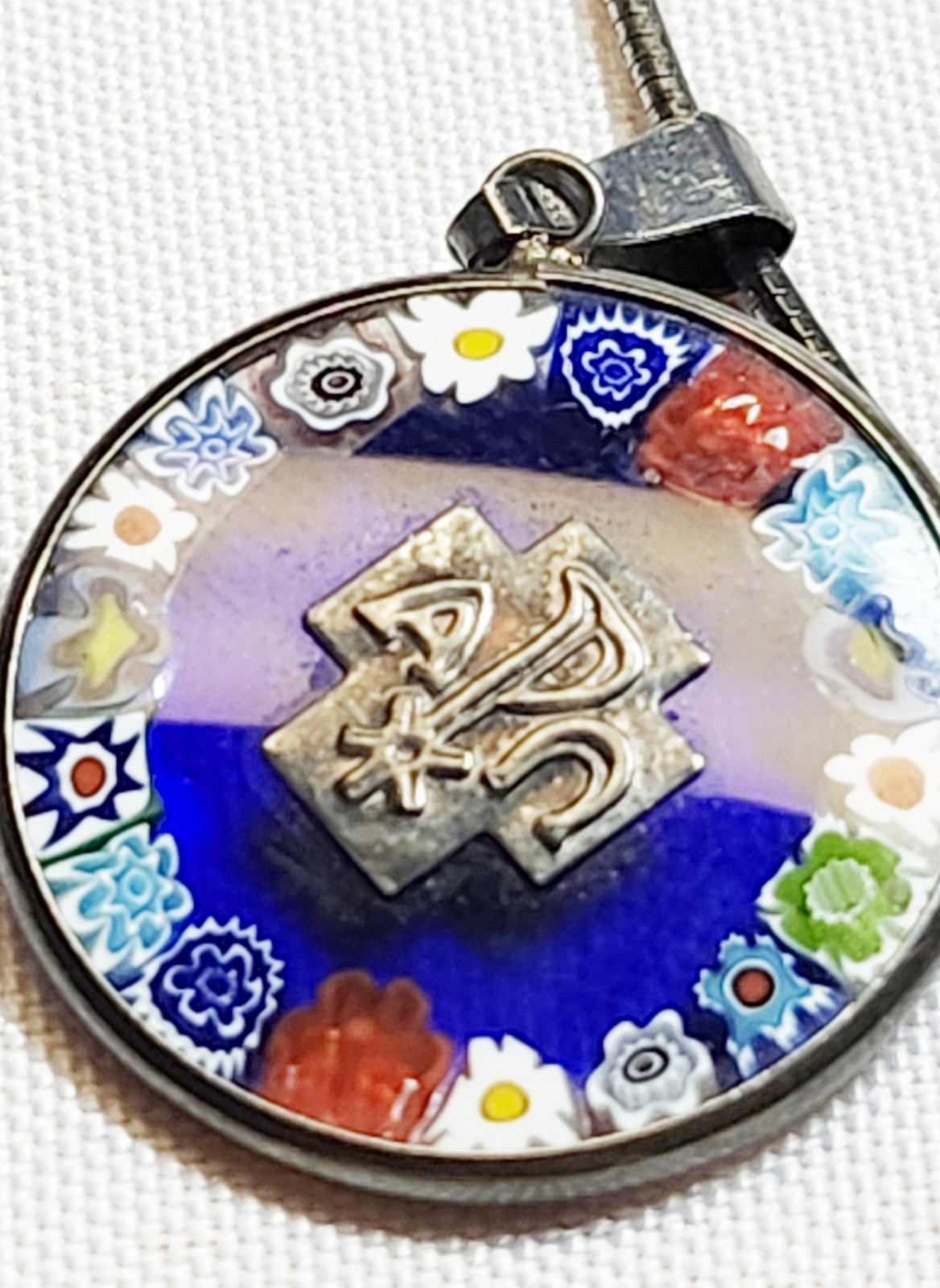 925 Sterling Silver Encased Millefiori Glass Pendant Necklace w/ Silver Emblem