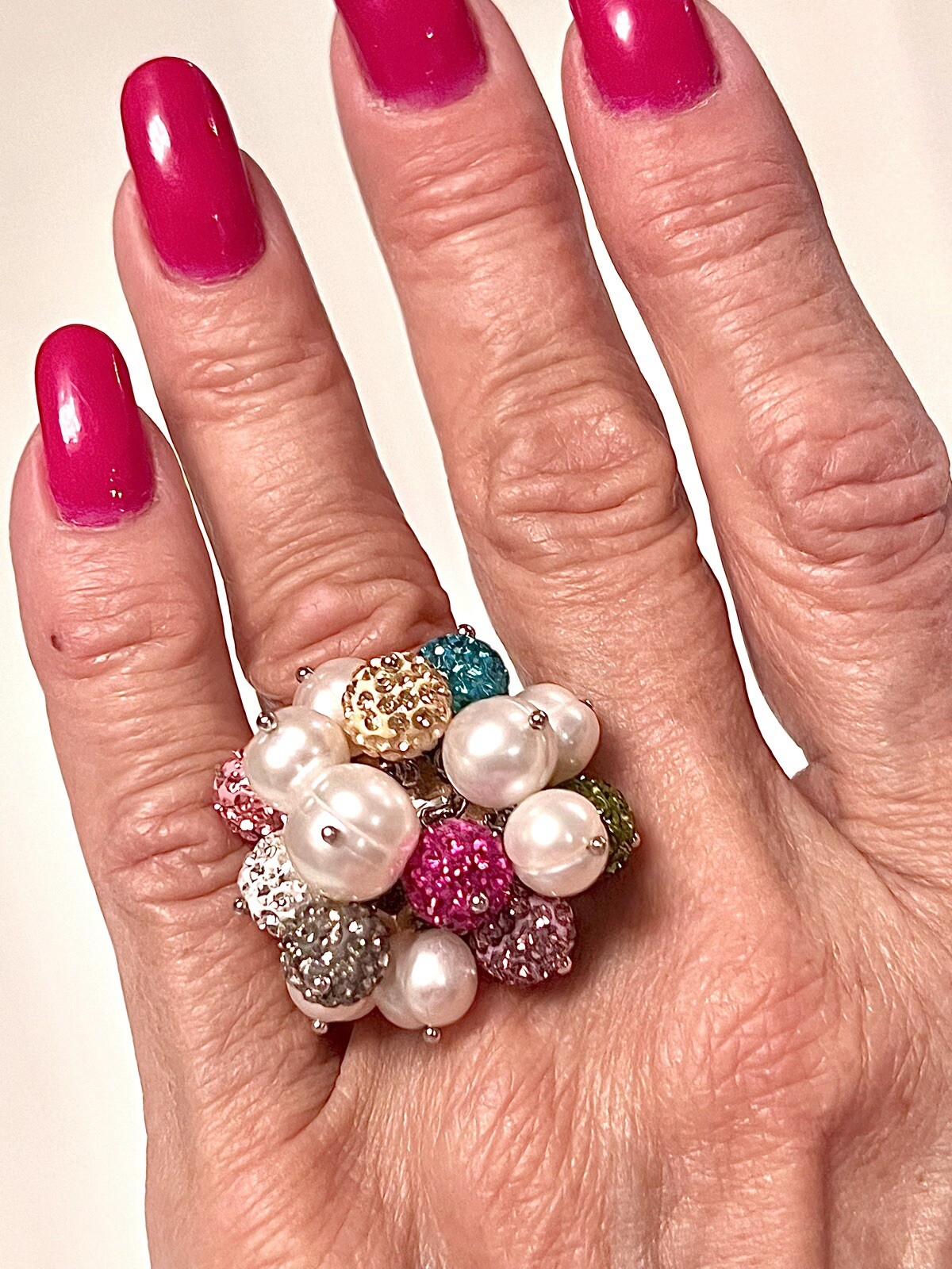 ROSS SIMONS~925 SS PEARLS W COLORED CRYSTAL BALL CLUSTER RING~SZ 7.25~15.7G