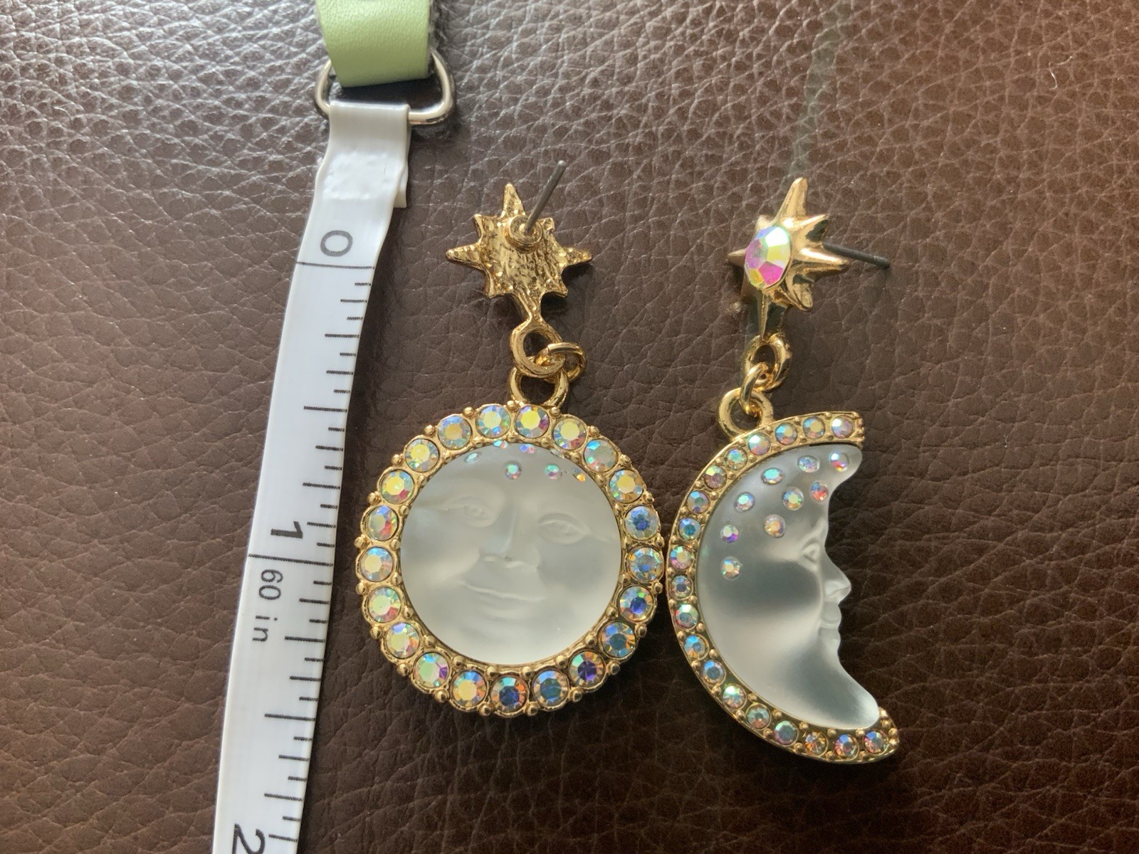 Sun Moon Star Earrings Face Mismatch Gold Deco Celestial Glass CZ Asymmetric