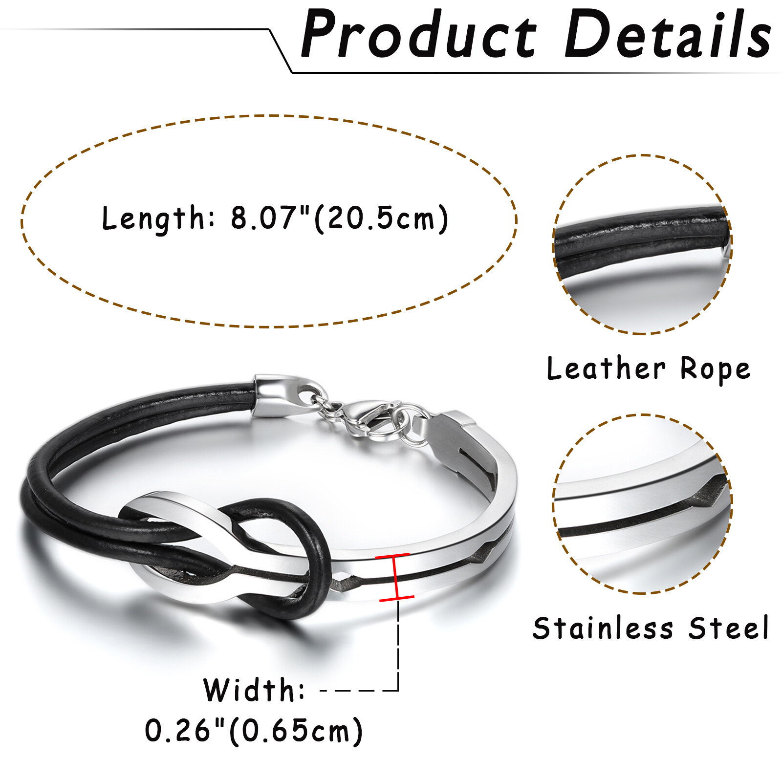 Men’s Women’s Stainless Steel Love Infinity Buckle Leather Bracelet Cuff Bangle