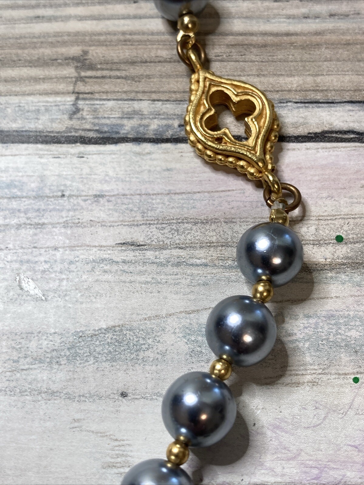 Gray Bead Gold Tone Charm 54″ Necklace Fashion Costume NWOT