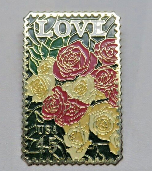 Vintage USA Stamp 45 Cent Love Rose Enamel Post Office Pinback USPS