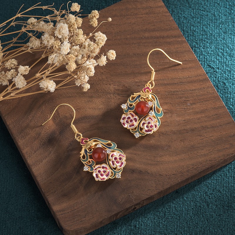 Painted Agate Drop Earrings Chinese Style Qipao Jewelry Womens Dangle